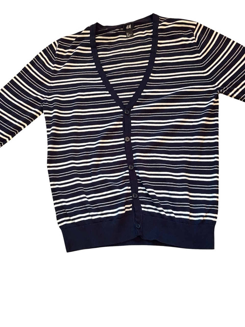 H&M Black & White Striped V-Neck Button Cardigan